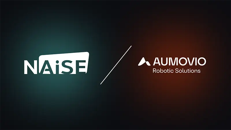 NAiSE and AUMOVIO Robotic Solutions logos on a dark gradient background, illustrating their partnership for integrated multi-brand AMR intralogistics fleet