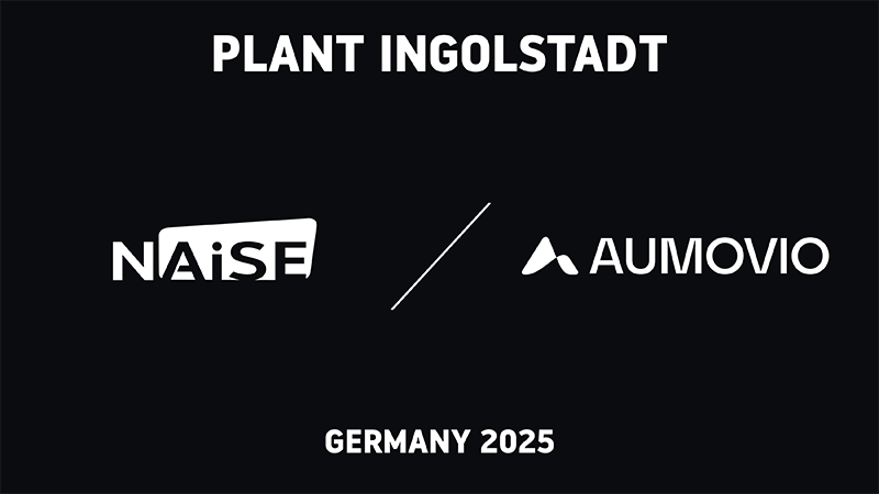 NAiSE and AUMOVIO logos with "Germany 2025" text on a dark background, symbolizing their partnership at the Ingolstadt plant for advanced multi-level warehouse and production automation.