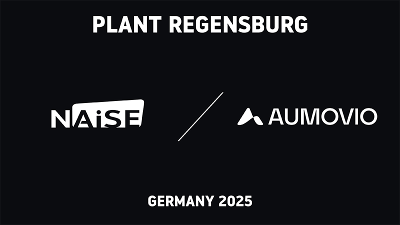 NAiSE and AUMOVIO logos with "Germany 2025" text on a dark background, representing their partnership at the Regensburg plant for multi-vendor AMR fleet coordination and intelligent intralogistics automation.