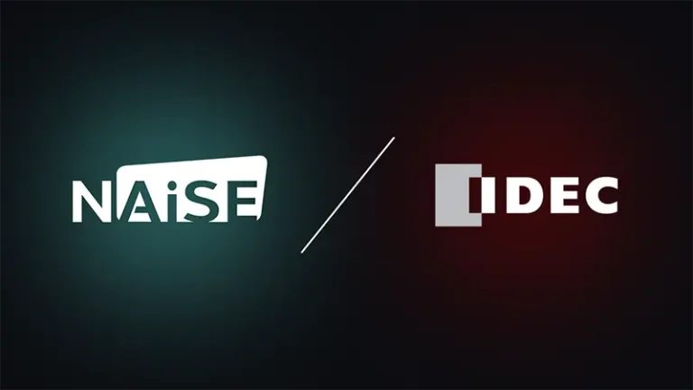 NAiSE and IDEC logos on a dark gradient background, illustrating their partnership for modular AGV systems and intelligent fleet management integration.