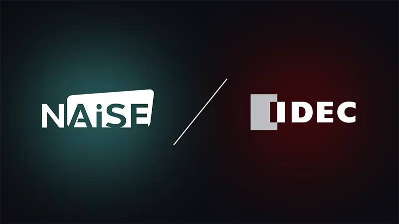 NAiSE and IDEC logos on a dark gradient background, illustrating their partnership for modular AGV systems and intelligent fleet management integration.