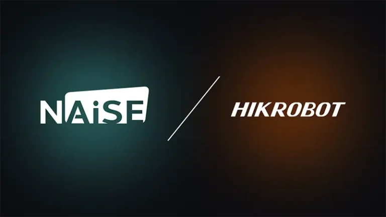 NAiSE and Hikrobot logos on a dark gradient background, representing their partnership for advanced autonomous mobile robot fleet management and intralogistics integration.