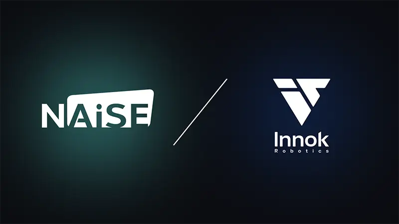 NAiSE and Innok Robotics logos on a dark gradient background, representing their partnership for outdoor and hybrid intralogistics automation solutions.