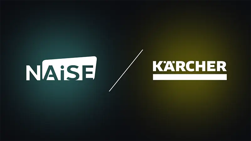 NAiSE and Kärcher partnership logo featuring company branding on gradient background representing unified platform integration