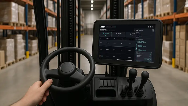 Forklift driver using touchscreen control interface with NAiSE digital dashboard in modern warehouse facility