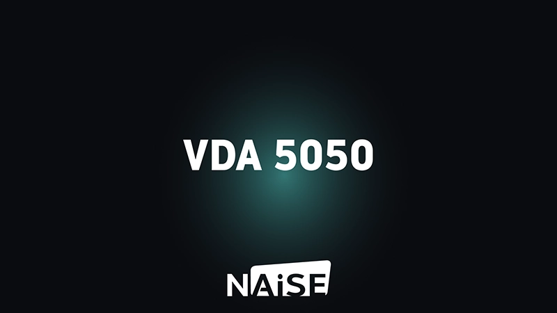 VDA 5050 standard logo with NAiSE branding on dark background representing unified robot communication protocol