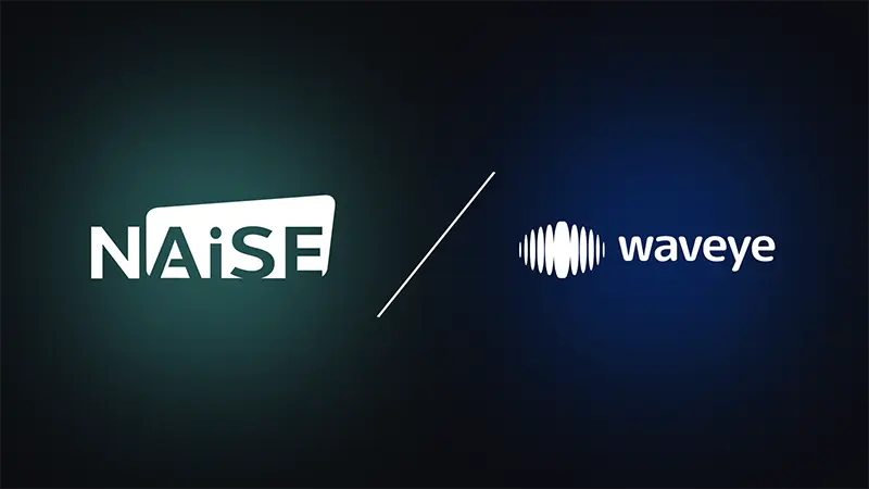 NAiSE and Waveye logos on a dark gradient background, symbolizing their partnership to bring 3D radar perception into intralogistics automation.