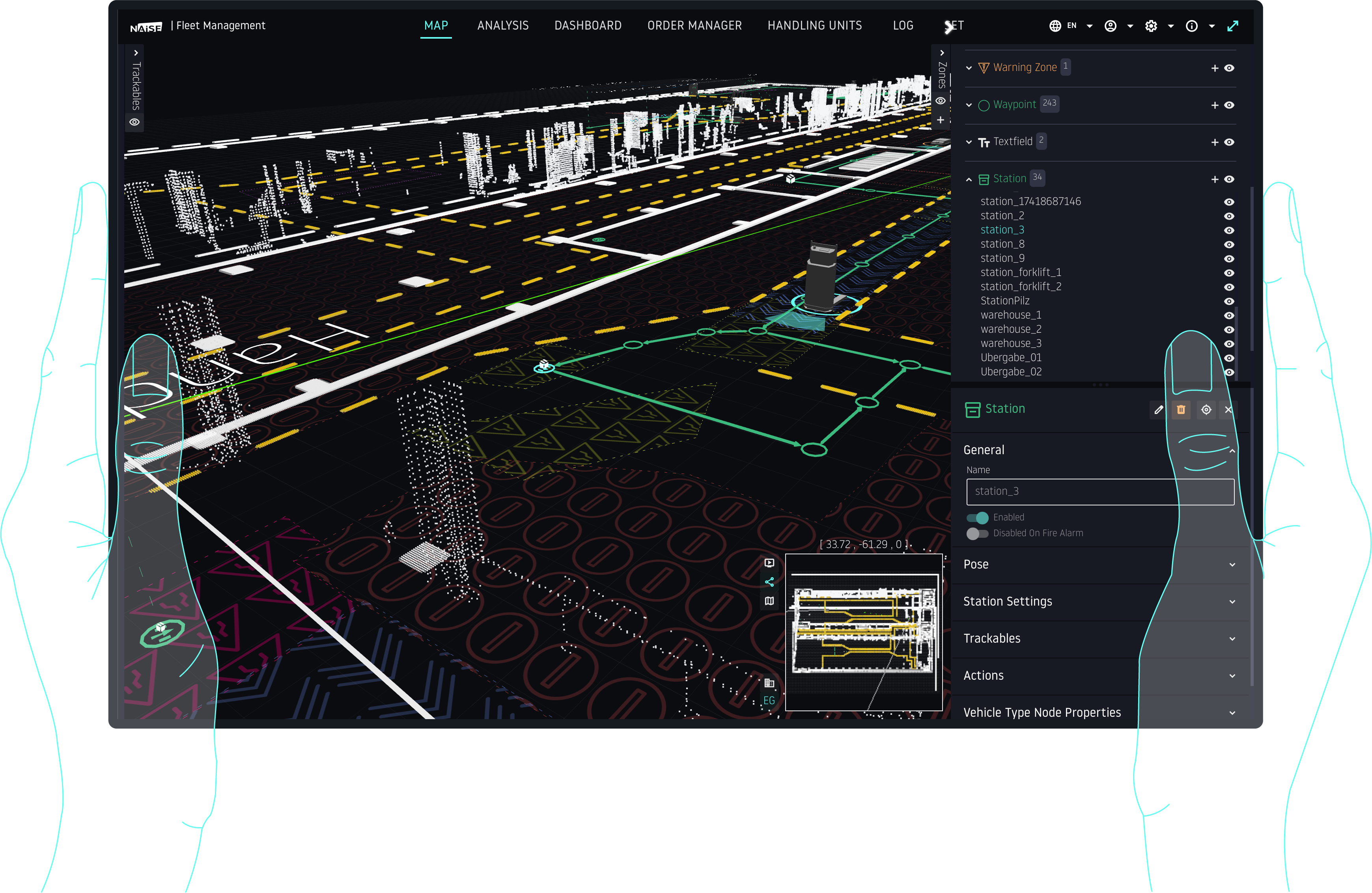 Interface view of the NAiSE Traffic Manager showing a 3D warehouse map with vehicle routes, stations and sensor point-cloud data, framed by illustrated hands as if holding a digital tablet. Bold headline text reads “Streamline Fleet Traffic in Mixed Operations.”