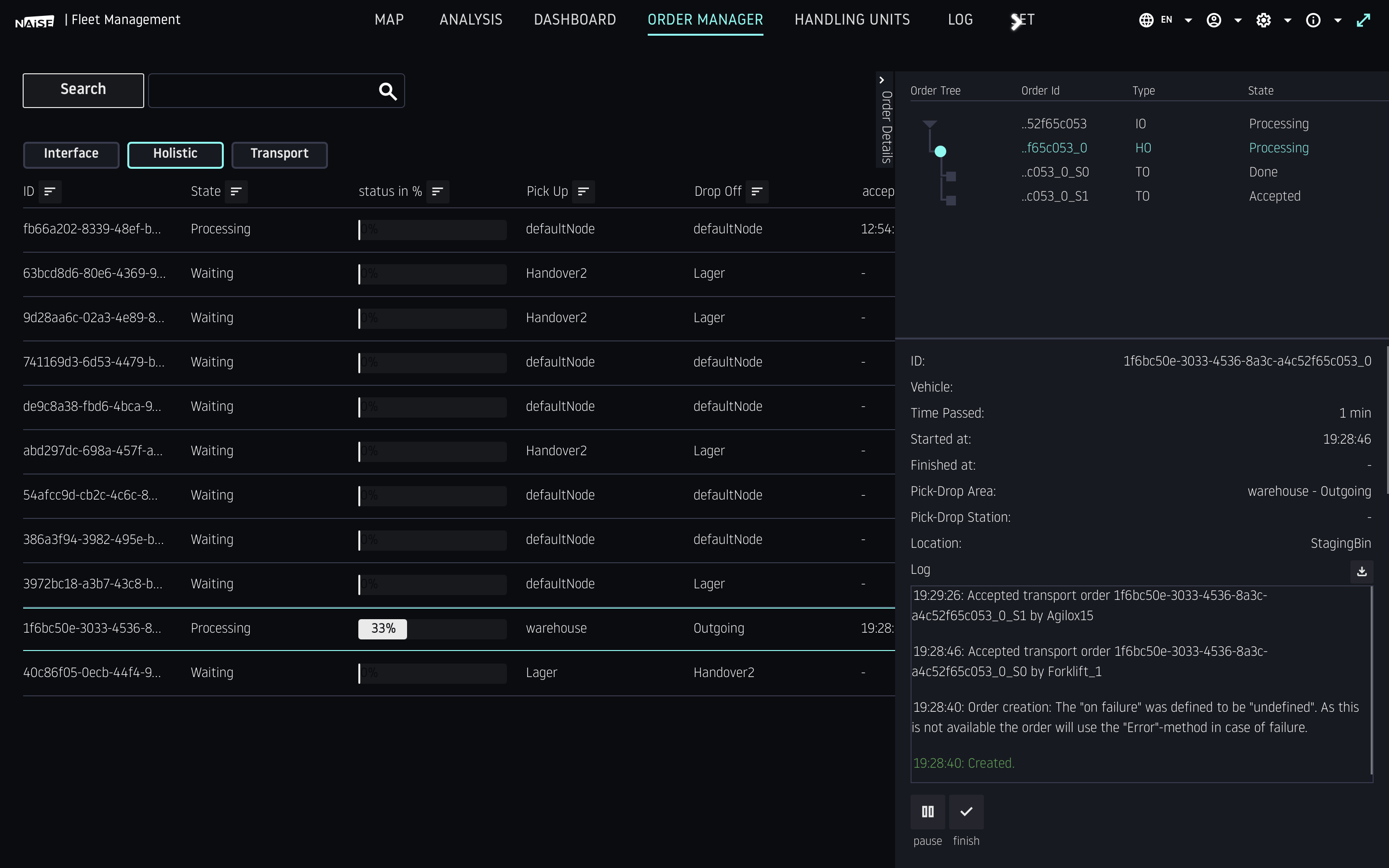 Screenshot of the NAiSE Order Manager interface showing a table of transport orders with columns like ID, State, Status, Pick Up, and Drop Off. On the right, a detailed order view displays order type, vehicle, timestamps, pick-drop areas, and a log of system events. Below the interface is a text section titled “Order Manager – Intelligent Order Management & Distribution,” highlighting features such as multi-view options, real-time progress tracking, dynamic order assignment for robots and operators, and multi-stage execution.