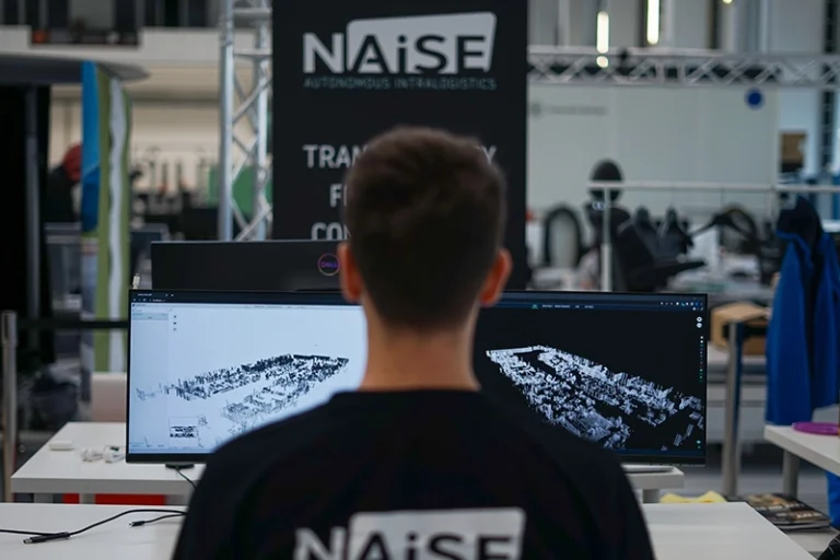 Person wearing a NAiSE shirt monitoring intralogistics map data on dual screens, with a NAiSE fleet management banner in the background at an industrial workspace.