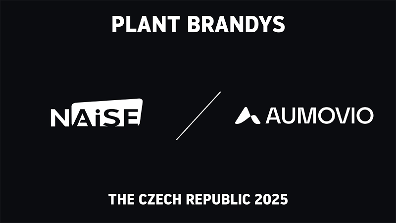 NAiSE and AUMOVIO logos with "The Czech Republic 2025" text on a dark background, representing their partnership at the Brandys plant for digital automotive manufacturing transformation.