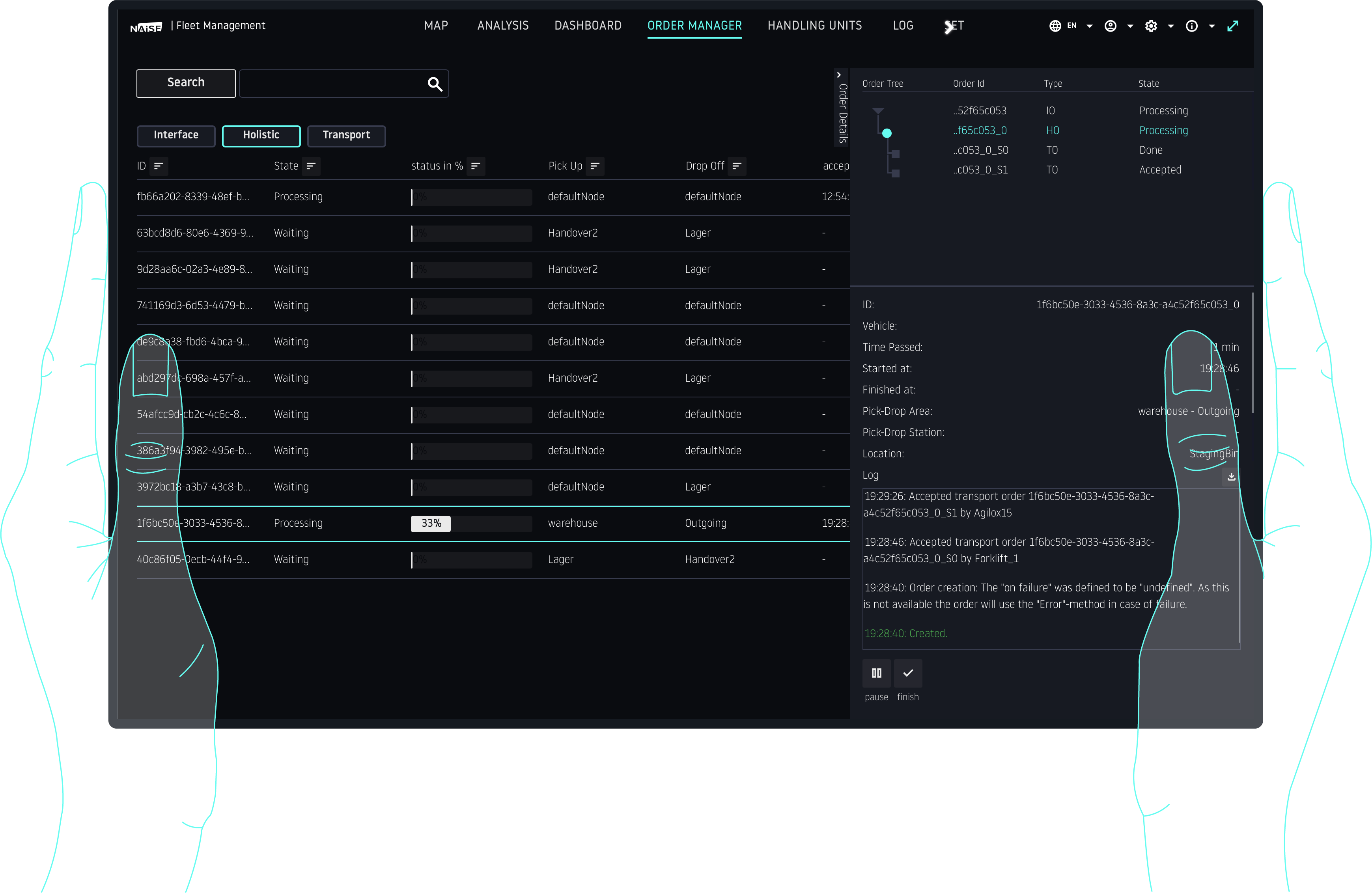 Interface view of the NAiSE Order Manager showing a table of transport orders with columns for ID, state, progress percentage, pick-up and drop-off locations. A highlighted row displays a task currently at 33% progress. On the right side, the order details panel shows the order tree, timestamps, vehicle information, and event logs. Stylized illustrated hands on both sides frame the interface, emphasizing interaction.