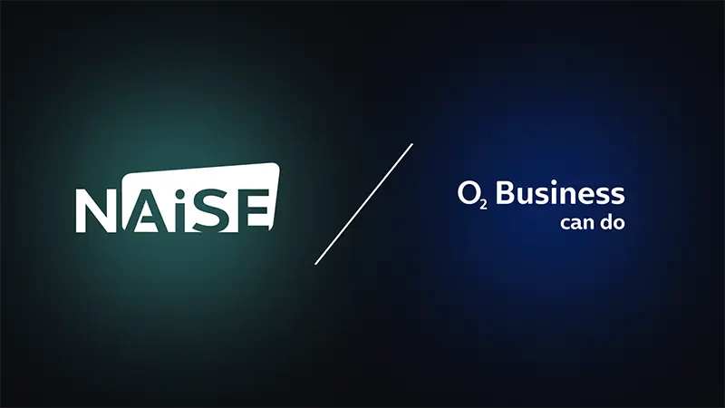 NAiSE and Telefónica partnership logo with o2 Business branding on gradient background